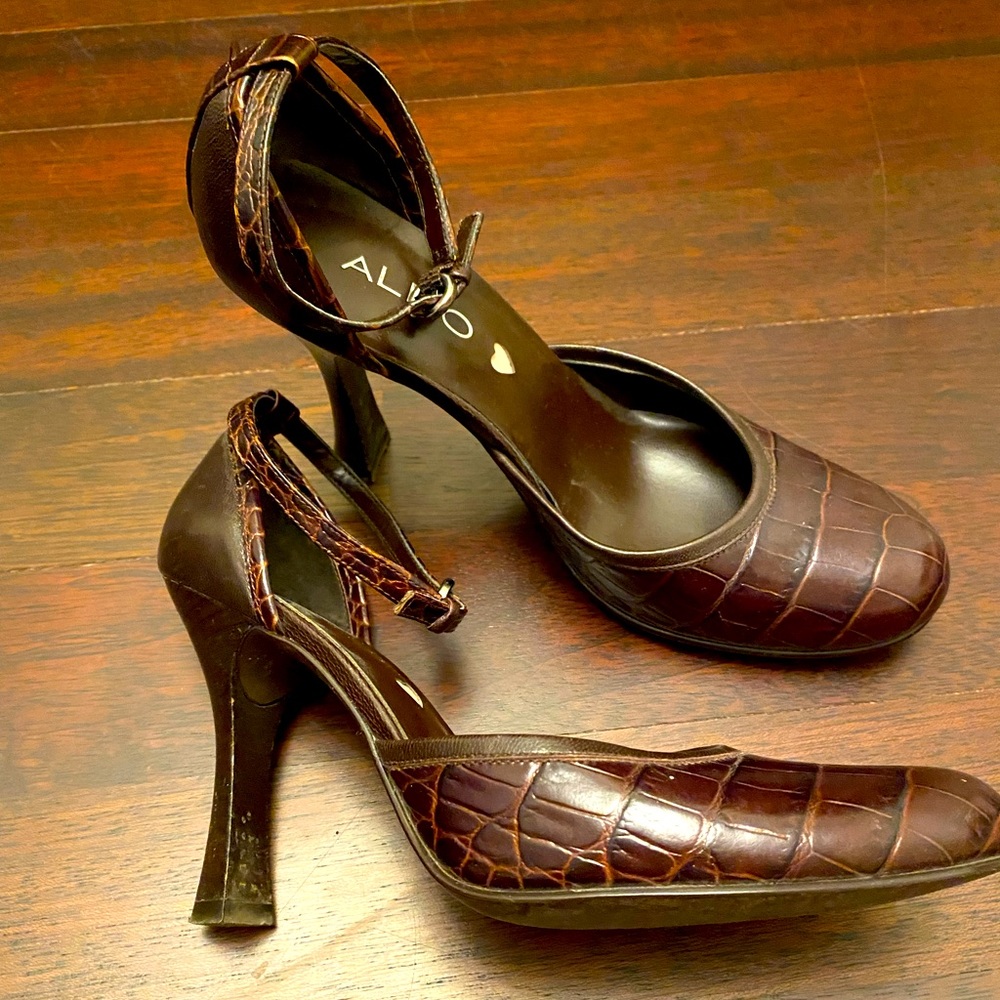 Aldo dark brown Faux Alligator Skin Mary Jane High Heel Shoes